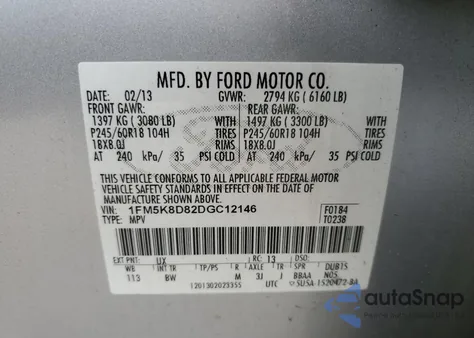 2013 Ford Explorer Xlt из США, поврежденный, VIN 1FM5K8D82DGC12146